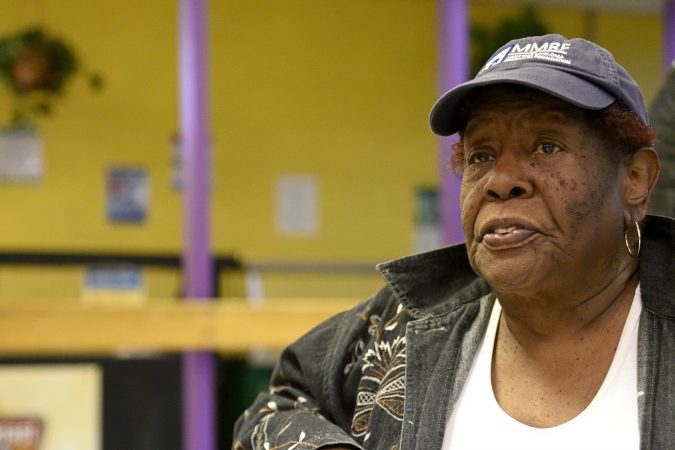 Lurline Jones coaches a girls basketball team with students from MLK and Lankenau High Schools, is seen here during an end-of-year banquet at the cafeteria of MLK Highschool, in Northwest Philadelphia, Pa., on February 19, 2019. (Bastiaan Slabbers for WHYY)