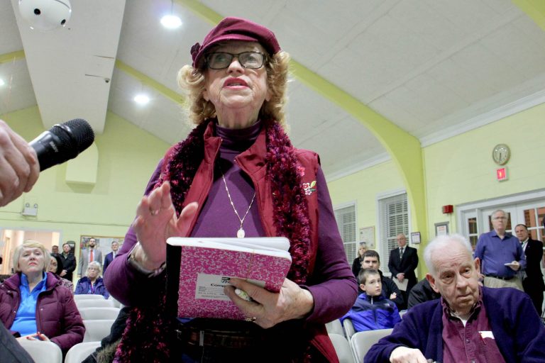 Eileen O’Brien of Pennsauken, who has been riding the Atlantic City rail line for 25 years, expresses frustration with delays in reopening the line during a public hearing in Cherry Hill.