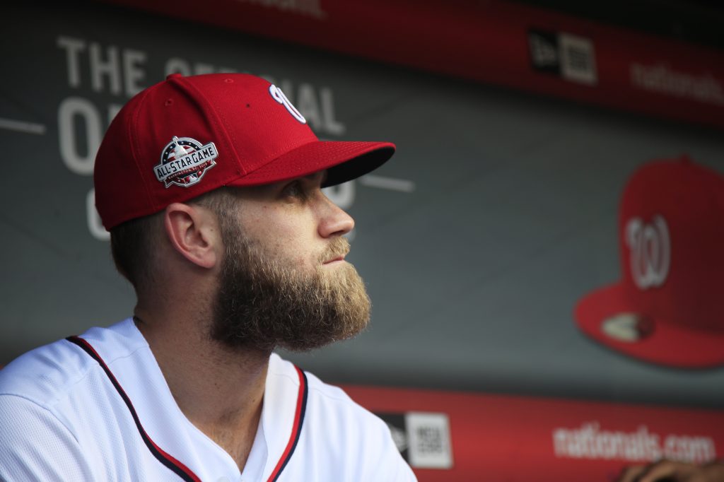 Bryce Harper Washington Nationals Bryce Harper, looks at the baseball field from their dug out before the start of the Nationals last home game of the season against the Miami Marlins in Washington, Wednesday, Sept. 26, 2018. (AP Photo/Manuel Balce Ceneta)