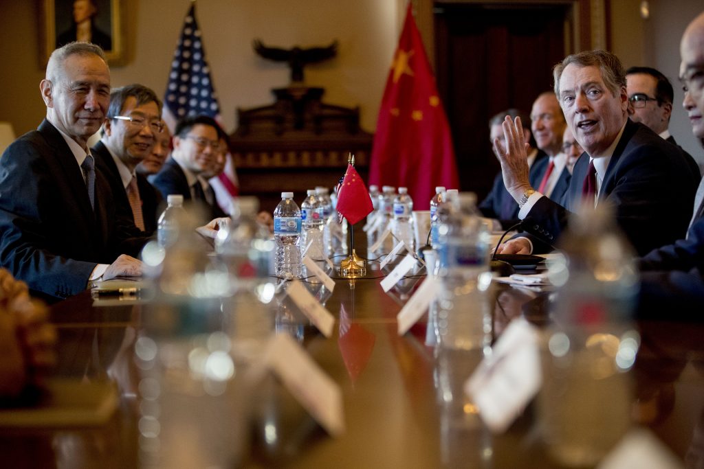Robert Lighthizer, Liu He U.S. Trade Representative Robert Lighthizer, (right), accompanied by Trump Administration officials, meets with Chinese Vice Premier Liu He, (left), and other Chinese officials as they begin US-China Trade Talks in the Diplomatic Room of the Eisenhower Executive Office Building on the White House Complex, Wednesday, Jan. 30, 2019, in Washington. (Andrew Harnik/AP Photo)