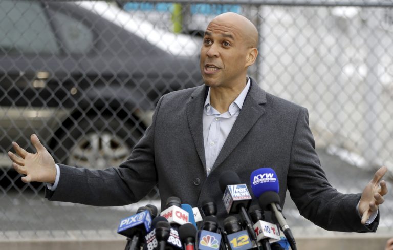 U.S. Sen. Cory Booker, D-NJ, speaks during a news conference outside of his home, Friday, Feb. 1, 2019, in Newark, N.J. Booker earlier in the day declared his bid for the presidency with a sweeping call to unite a deeply polarized nation around a 