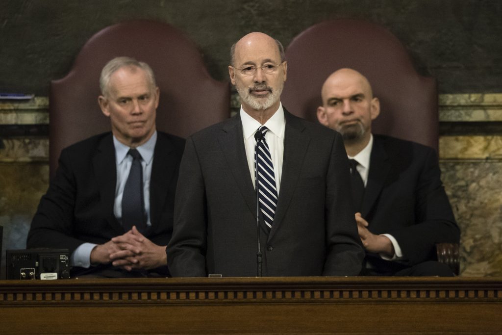 Tom Wolf Democratic Gov. Tom Wolf delivers his budget address for the 2019-20 fiscal year to a joint session of the Pennsylvania House and Senate in Harrisburg, Pa., Tuesday, Feb. 5, 2019. House Speaker Mike Turzai, R-Allegheny, and Lt. Gov. John Fetterman is at right. (Matt Rourke/AP Photo)