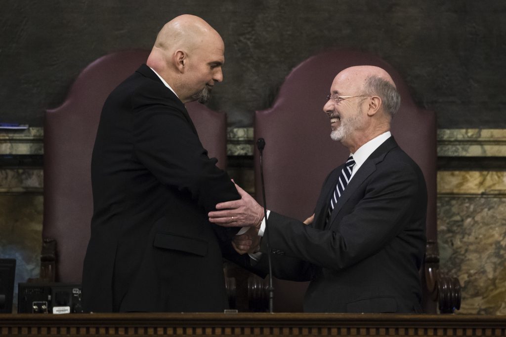 Tom Wolf Democratic Gov. Tom Wolf, right, shakes hands with Lt. Gov. John Fetterman before he delivers his budget address for the 2019-20 fiscal year to a joint session of the Pennsylvania House and Senate in Harrisburg, Pa., Tuesday, Feb. 5, 2019. (AP Photo/Matt Rourke)