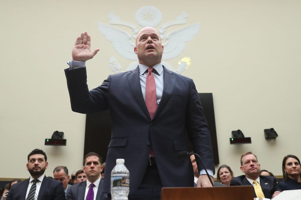 Matthew Whitaker Acting Attorney General Matthew Whitaker is sworn in before the House Judiciary Committee on Capitol Hill, Friday, Feb. 8, 2019 in Washington. (Andrew Harnik/AP Photo)