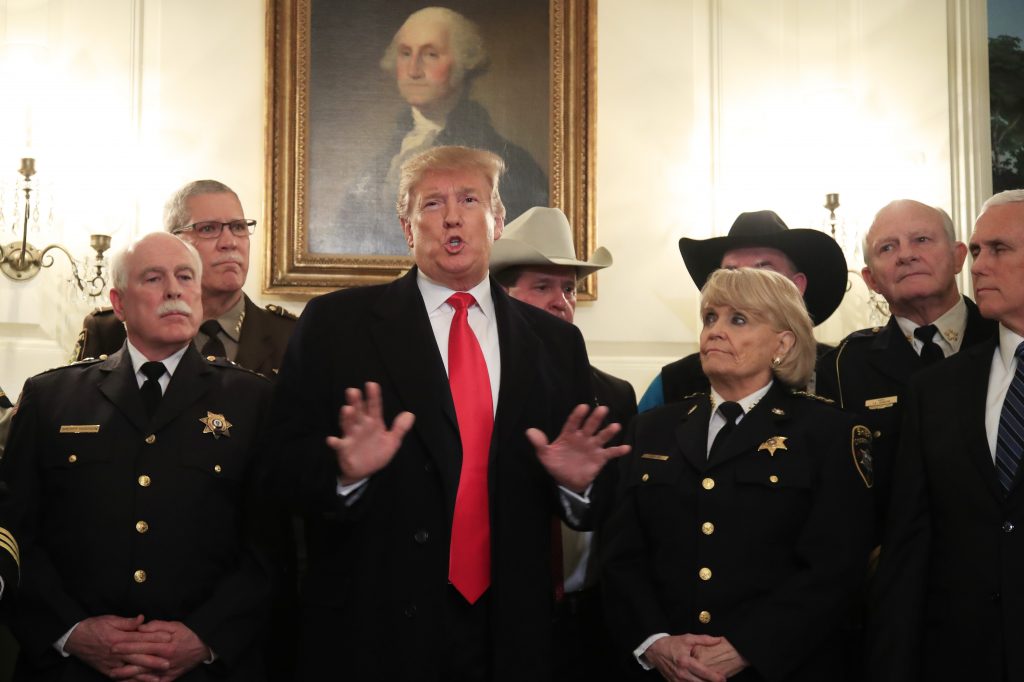 Donald Trump President Donald Trump speaks during a meeting with a group of sheriffs from around the country before leaving the White House in Washington, Monday, Feb. 11, 2019, for a trip to El Paso, Texas. Trump will hold his first campaign rally since November's midterm elections in El Paso,, as he faces a defining week for his push on the wall — and for his presidency and his 2020 prospects. (AP Photo/Manuel Balce Ceneta)