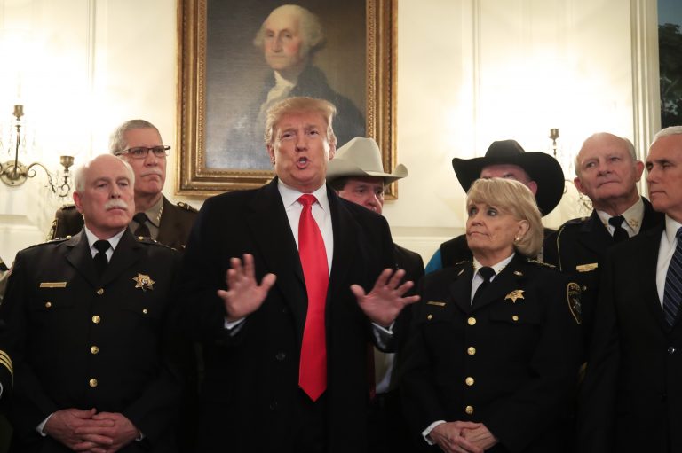 President Donald Trump speaks during a meeting with a group of sheriffs from around the country before leaving the White House in Washington, Monday, Feb. 11, 2019, for a trip to El Paso, Texas. Trump will hold his first campaign rally since November's midterm elections in El Paso,, as he faces a defining week for his push on the wall — and for his presidency and his 2020 prospects. (AP Photo/Manuel Balce Ceneta)