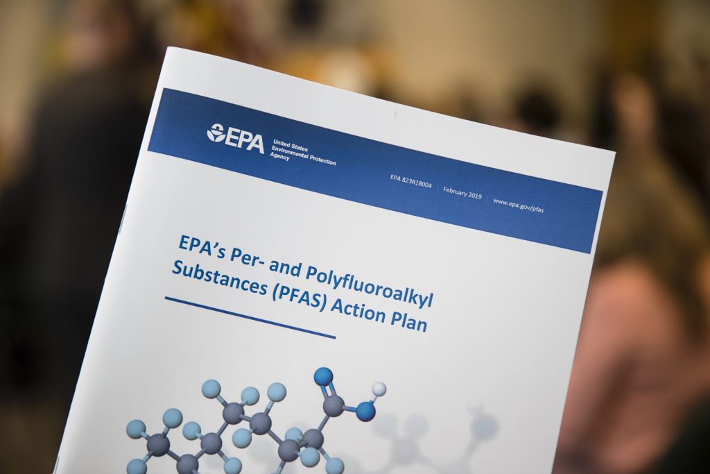 Forever Chemicals Displayed is an Environmental Protection Agency report ahead of a news conference in Philadelphia, Thursday, Feb. 14, 2019. Under strong pressure from Congress, the EPA said Thursday that it will move ahead this year with a process that could lead to setting a safety threshold for a group of highly toxic chemicals in drinking water. (Matt Rourke/AP Photo)