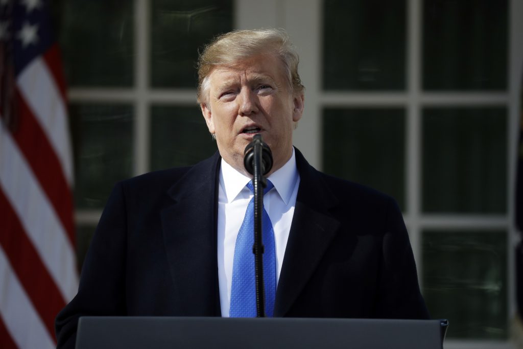 Donald Trump President Donald Trump speaks during an event in the Rose Garden at the White House to declare a national emergency in order to build a wall along the southern border, Friday, Feb. 15, 2019, in Washington. (Evan Vucci/AP Photo)