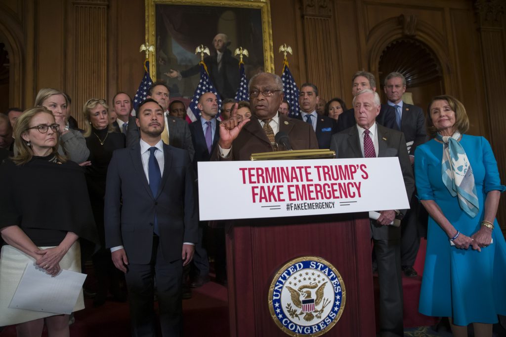 Nancy Pelosi, Joaquin Castro, Madeleine Dean, Steny Hoyer, James Clyburn House Majority Whip James Clyburn of South Carolina speaks accompanied by Rep. Madeleine Dean, D-Pennsylvania, left, Rep. Joaquin Castro, D-Texas, House Majority Leader Steny Hoyer of Maryland, House Speaker Nancy Pelosi of California, right, and others about the resolution to block President Donald Trump's emergency border security declaration on Capitol Hill Monday.
(AP Photo/Alex Brandon)