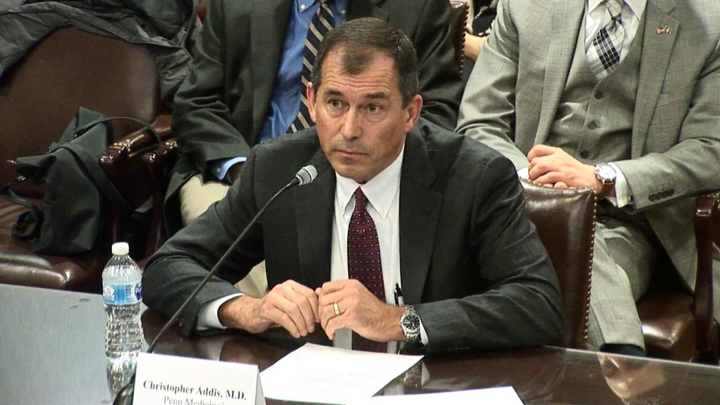 Dr. Christopher Addis speaks to Republican lawmakers at a House Majority Policy Committee hearing Thursday, Feb. 14, 2019. (Screengrab)