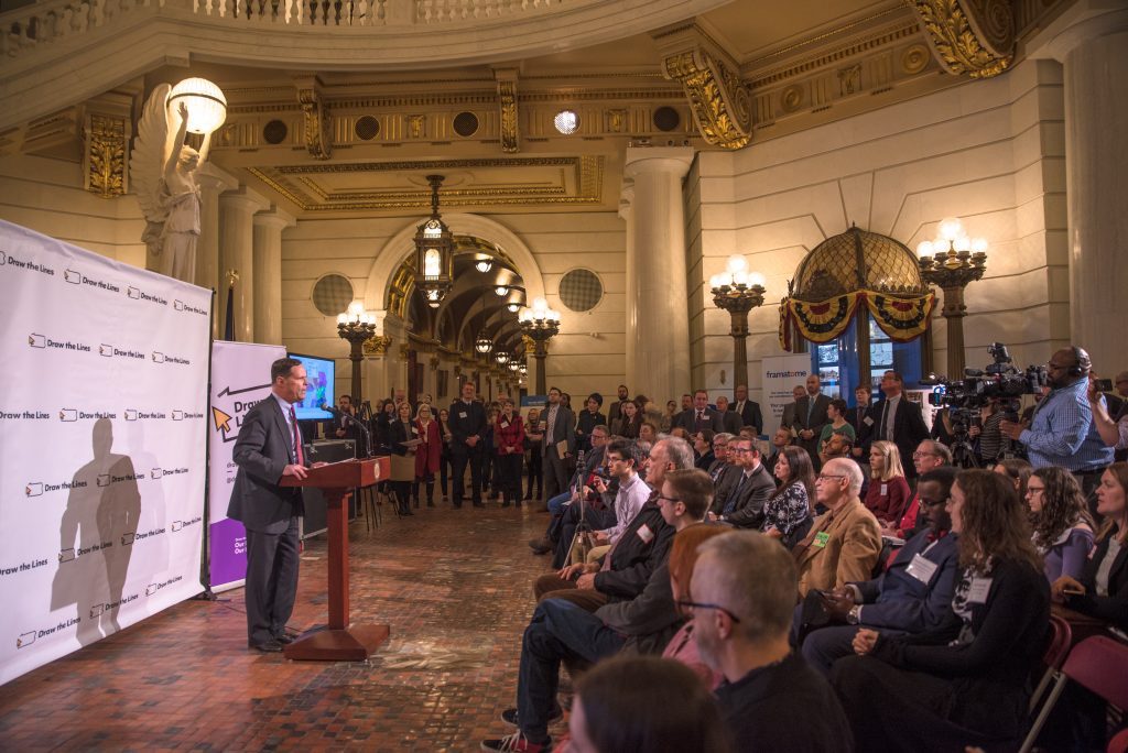 David speaking to audience David Thornburgh, President and CEO of the Committee of Seventy, address the crowd at aDraw the Lines PA event in Harrisburg on February 6, 2019. (Photo courtesy of Draw the Lines PA)
