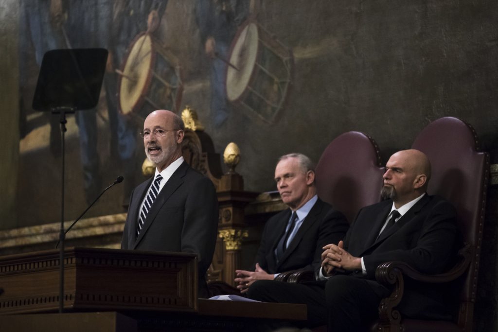 Pennsylvania Budget Democratic Gov. Tom Wolf, left, delivers his budget address for the 2019-20 fiscal year to a joint session of the Pennsylvania House and Senate in Harrisburg, Pa., Tuesday, Feb. 5, 2019. House Speaker Mike Turzai, R-Allegheny, is at the center, and Lt. Gov. John Fetterman is at the right.