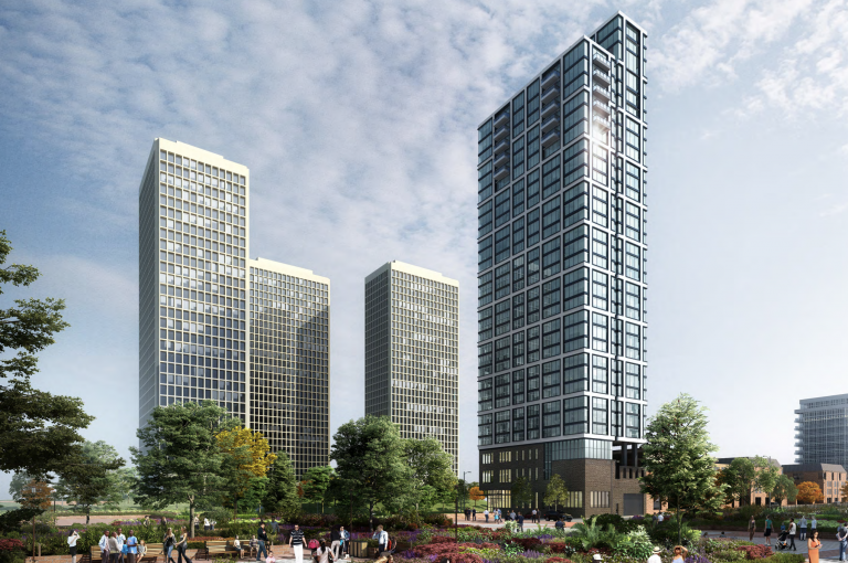 Development firm LCOR has proposed a 31-story apartment building, in the foreground, for Society Hill. Neighbors are opposed to the 272-unit high-rise. (BLT Architects rendering)