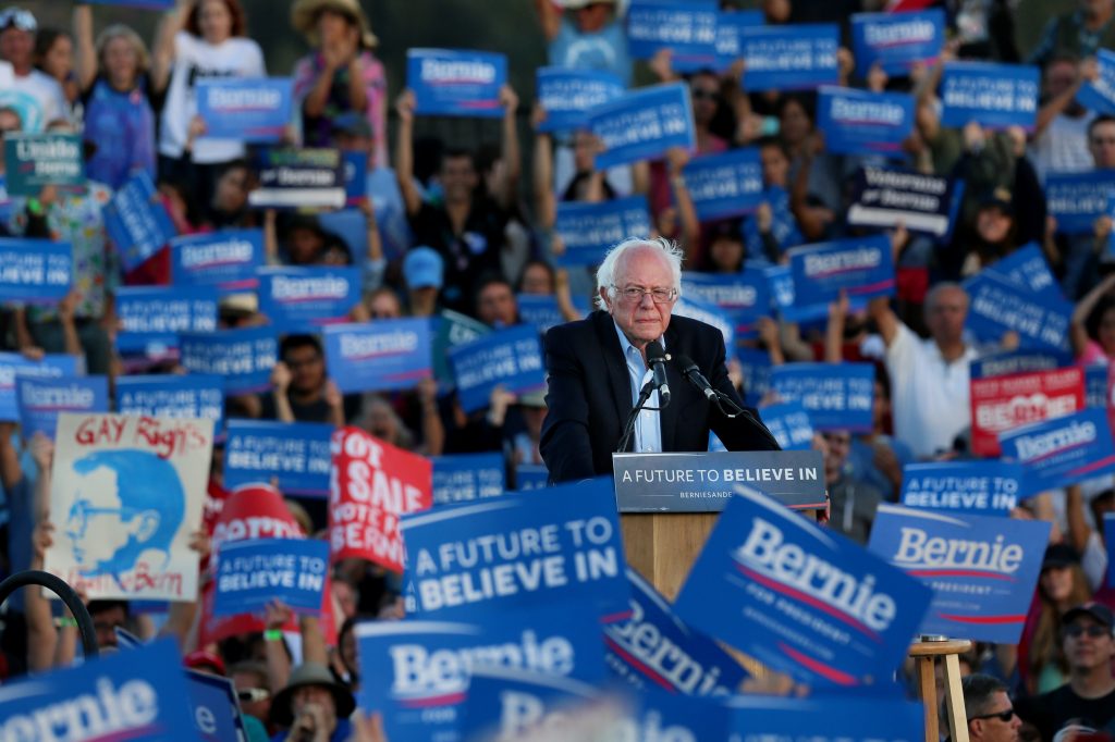 Sen. Bernie Sanders speaks during a campaign rally in June 2016 at Qualcomm Stadium in San Diego, Calif. He launched a second presidential campaign on Tuesday, with a big burst of donations from supporters, but new challenges ahead. Sen. Bernie Sanders speaks during a campaign rally in June 2016 at Qualcomm Stadium in San Diego, Calif. He launched a second presidential campaign on Tuesday, with a big burst of donations from supporters, but new challenges ahead. (Sandy Huffaker/AP)