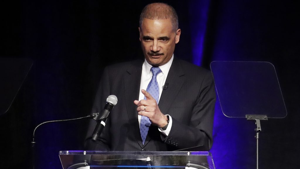 Former Attorney General Eric Holder speaks at the Peabody Hotel in Memphis, Tenn., in April 2018. Former Attorney General Eric Holder speaks at the Peabody Hotel in Memphis, Tenn., in April 2018 (Mark Humphrey/AP)