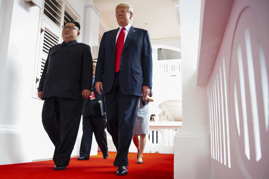 North Korea’s leader Kim Jong Un and President Trump walk together at a resort on Sentosa Island in Singapore on June 12, 2018. North Korea's leader Kim Jong Un and President Trump walk together at a resort on Sentosa Island in Singapore on June 12, 2018. (Evan Vucci/AP Photo)
