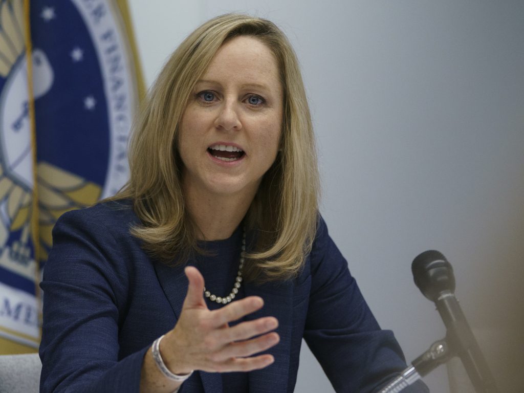 Consumer Financial Protection Bureau Director Kathy Kraninger speaks to media in Washington, D.C., in December 2018. Consumer Financial Protection Bureau Director Kathy Kraninger speaks to media in Washington, D.C., in December 2018. (Carolyn Kaster/AP Photo)