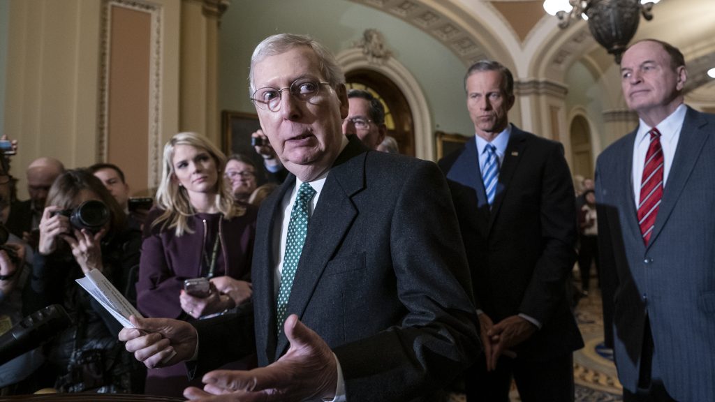 Senate Majority Leader Mitch McConnell, R-Ky., joined by fellow Republican senators, spoke about the Green New Deal Tuesday. Senate Majority Leader Mitch McConnell, R-Ky., joined by fellow Republican senators, spoke about the Green New Deal Tuesday.
(J. Scott Applewhite/AP Photo)