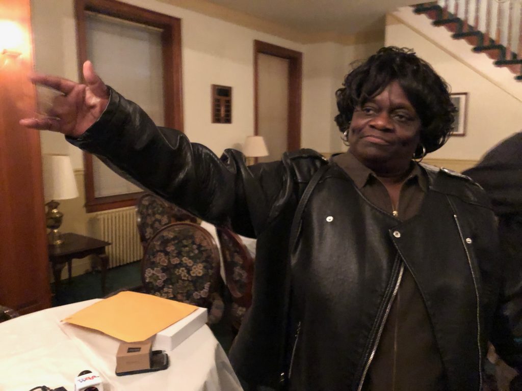 file-28 North Philadelphia ward leader Daphne Goggins celebrates after GOP ward leaders vote against reconsidering their endorsement of her candidacy for mayor. (Joe Hernandez/WHYY)