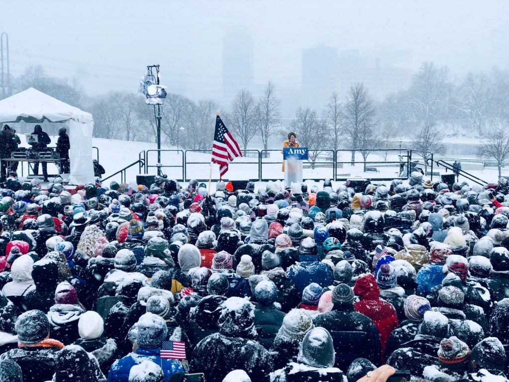 Sen. Amy Klobuchar , D-Minn., announces her candidacy for president during a snow fall on Feb. 10, 2019 in Minneapolis, Minnesota. Sen. Amy Klobuchar , D-Minn., announces her candidacy for president during a snow fall on Feb. 10, 2019 in Minneapolis, Minnesota. (Kerem Yucel/AFP/Getty Images)