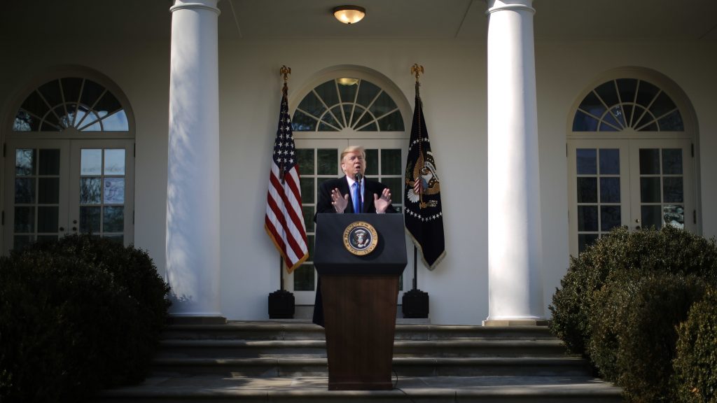 President Trump announces his emergency declaration during a Rose Garden event at the White House on Friday.