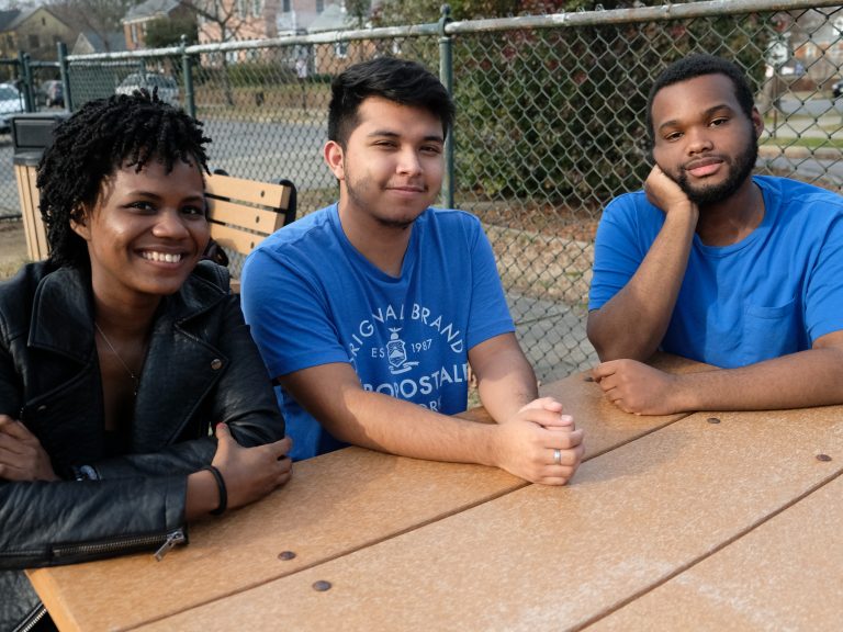 Summer Campbell (from left), Geovanny Mejia and Justin Daniels, students at Thomas Jefferson High School in Richmond, Va., are talking about the recent scandals unfolding at their state Capitol. (Megan Pauly/WCVE)