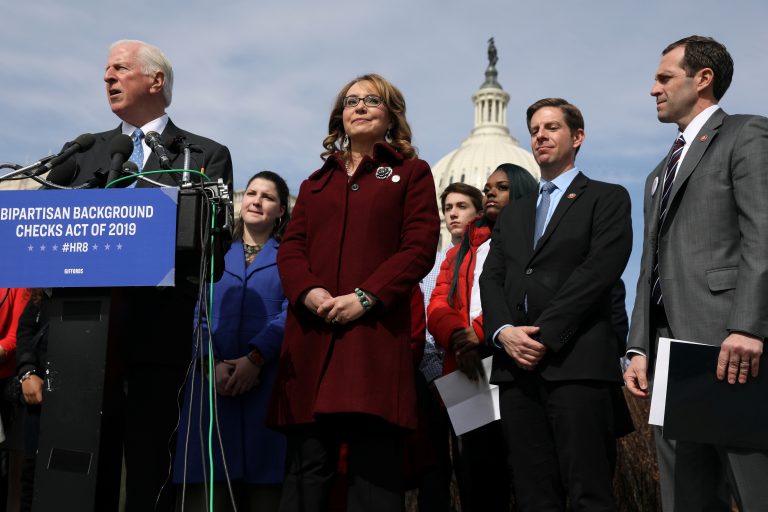 U.S. Rep. Mike Thompson (left), D-Calif., joined by shooting survivor and former Rep. Gabby Giffords of Arizona, holds a news conference about his proposed gun background check legislation, on Capitol Hill on Tuesday.
(Jonathan Ernst/Reuters)