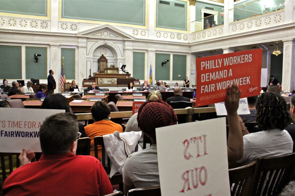 2018 10 30-e lee-philadelphia city hall-fair workweek legislation Supporters attend a hearing at City Hall on fair workweek legislation. (Emma Lee/WHYY)
