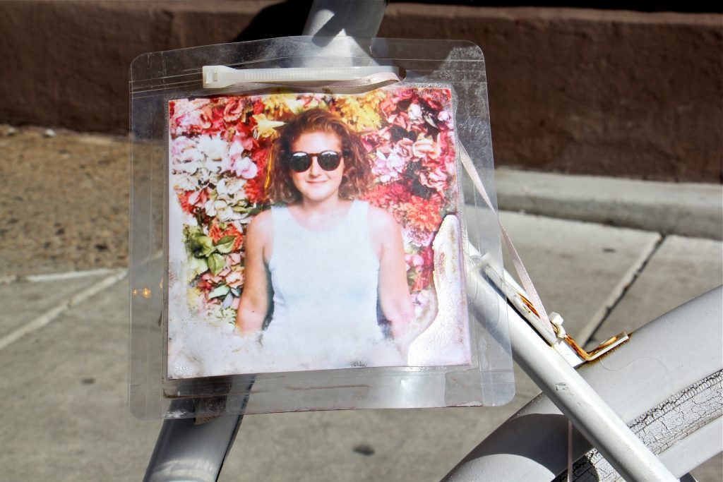 2019 02 28-e lee-11th and spruce philadelphia-laura fredericks memorial ghost bike A ghost bike memorial to Laura Fredericks still stands at the intersection of 11th and Spruce streets, where she was struck and killed by a garbage truck while riding in the bike lane. (Emma Lee/WHYY)