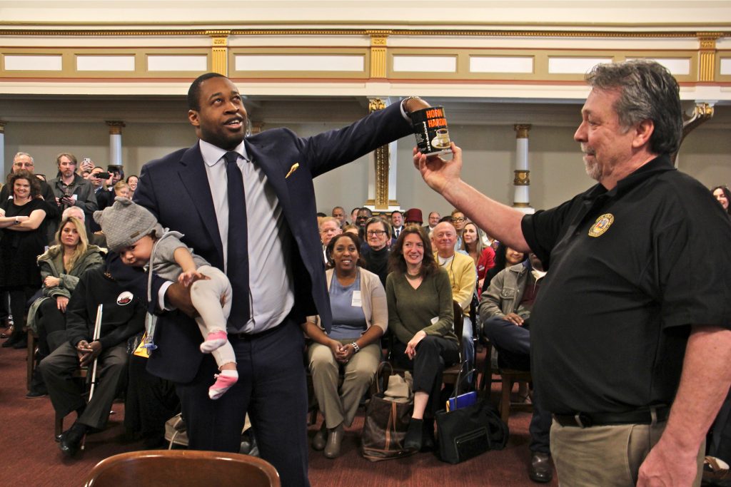2019 03 20-e lee-kahlil williams kevin kelly-philadelphia city hall-horn and hardart ballot position Kahlil Williams, one of 13 Democratic candidates for Philadelphia City Commissioner, draws the 7th position on the crowded ballot. (Emma Lee/WHYY)