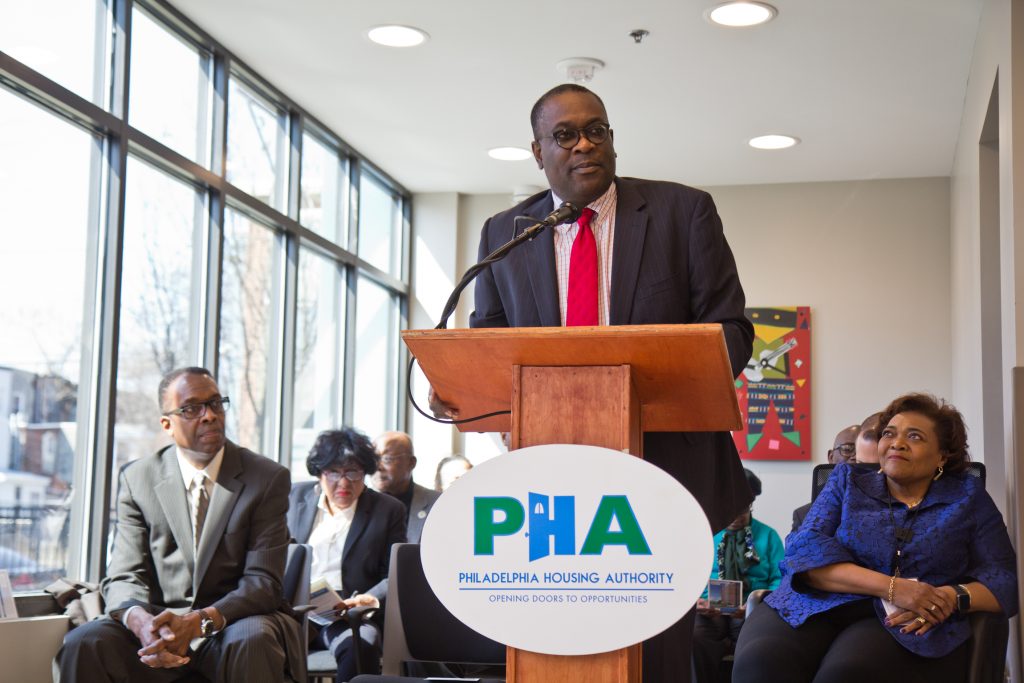 2019 03 20 sharswood tower Philadelphia Housing Authority president Kelvin Jeremiah spoke at the opening of the Sharswood Tower. (Kimberly Paynter/WHYY)