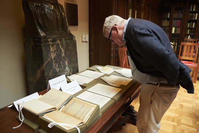 The Whitman at 200 Symposium pop-up exhibition includes a section dedicated to the Walt Whitman controversy over naming the bridge after Walt Whitman in 1855. Included are official documents and letters advocating for the bridge to be named after Whitman. (Natalie Piserchio for WHYY)
