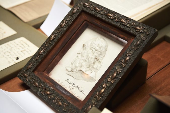 The Whitman at 200 Symposium pop-up exhibition includes early drawings, photographs, and scupltures of Walt Whitman. (Natalie Piserchio for WHYY)