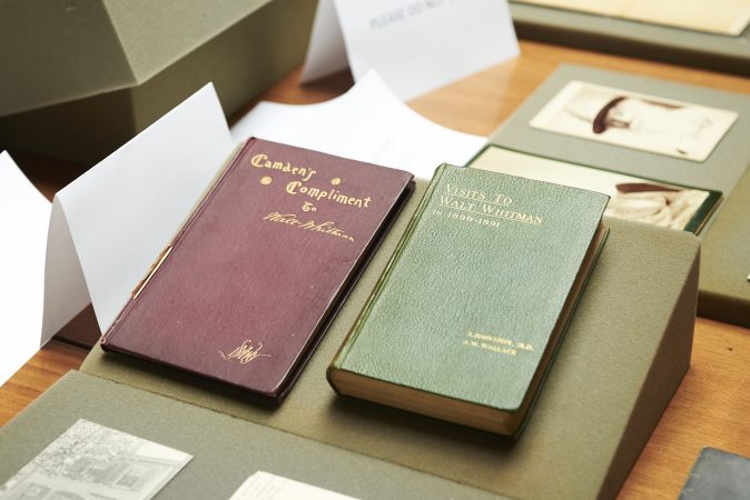 The Whitman at 200 Symposium pop-up exhibition includes books, early writings, and manuscripts. (Natalie Piserchio for WHYY)