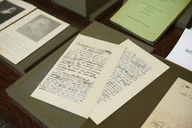 The Whitman at 200 Symposium pop-up exhibition includes books, early writings, and manuscripts. (Natalie Piserchio for WHYY)