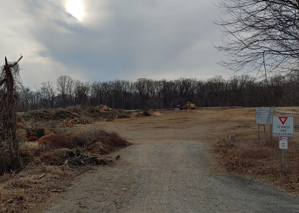 Polly Drummond yard waste A waste site stretches toward a line of trees under a partly cloudy sky.