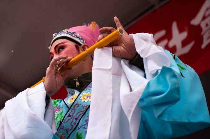 An actor performs in a traditional Chinese opera during the Hoyu Folk Culture Festival in Chinatown on Sunday, March 31, 2019. (Kriston Jae Bethel for WHYY)
