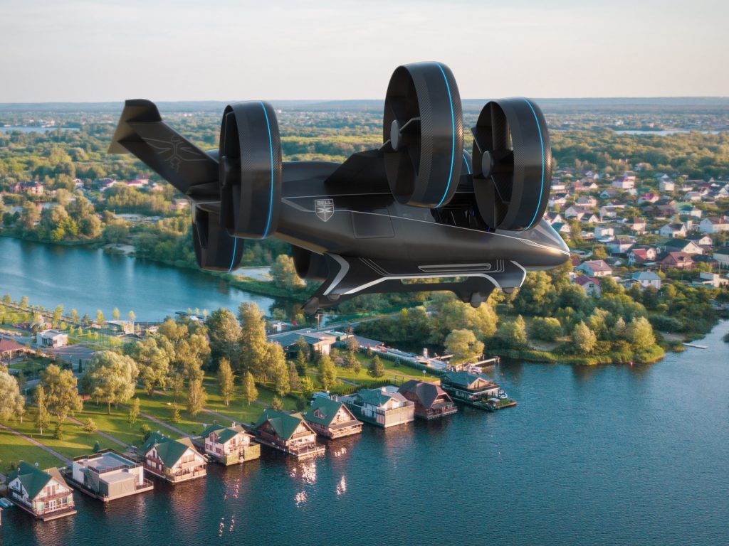 Bell’s concept model of a vertical-takeoff-and-landing air taxi vehicle, as unveiled in January at CES (the Consumer Electronics Show) in Las Vegas. Bell's concept model of a vertical-takeoff-and-landing air taxi vehicle, as unveiled in January at CES (the Consumer Electronics Show) in Las Vegas.
(Rendering courtesy of Bell)