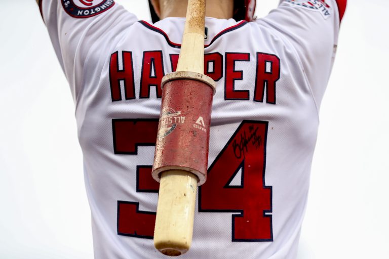 Bryce Harper has been signed to the Philadelphia Phillies. In this file photo, Harper warms up in the batters box during a baseball game against the New York Mets at Nationals Park, Sunday, Sept. 23, 2018, in Washington. (Andrew Harnik/AP Photo)
