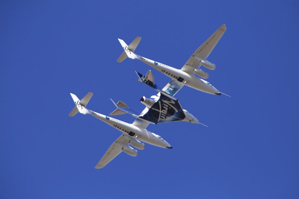 Virgin Galactic reaches Space during its 5th powered flight from Mojave, CA. Virgin Galactic's VSS Unity rocket plane flown into the atmosphere before launching Friday, Feb. 22, 2019, in Mojave, Calif. Virgin Galactic says its rocket plane has reached space for a second time in a test flight over California on Friday. In addition to two pilots, the spacecraft carried a third crewmember to evaluate the cabin from a passenger perspective. (AP Photo/Matt Hartman)