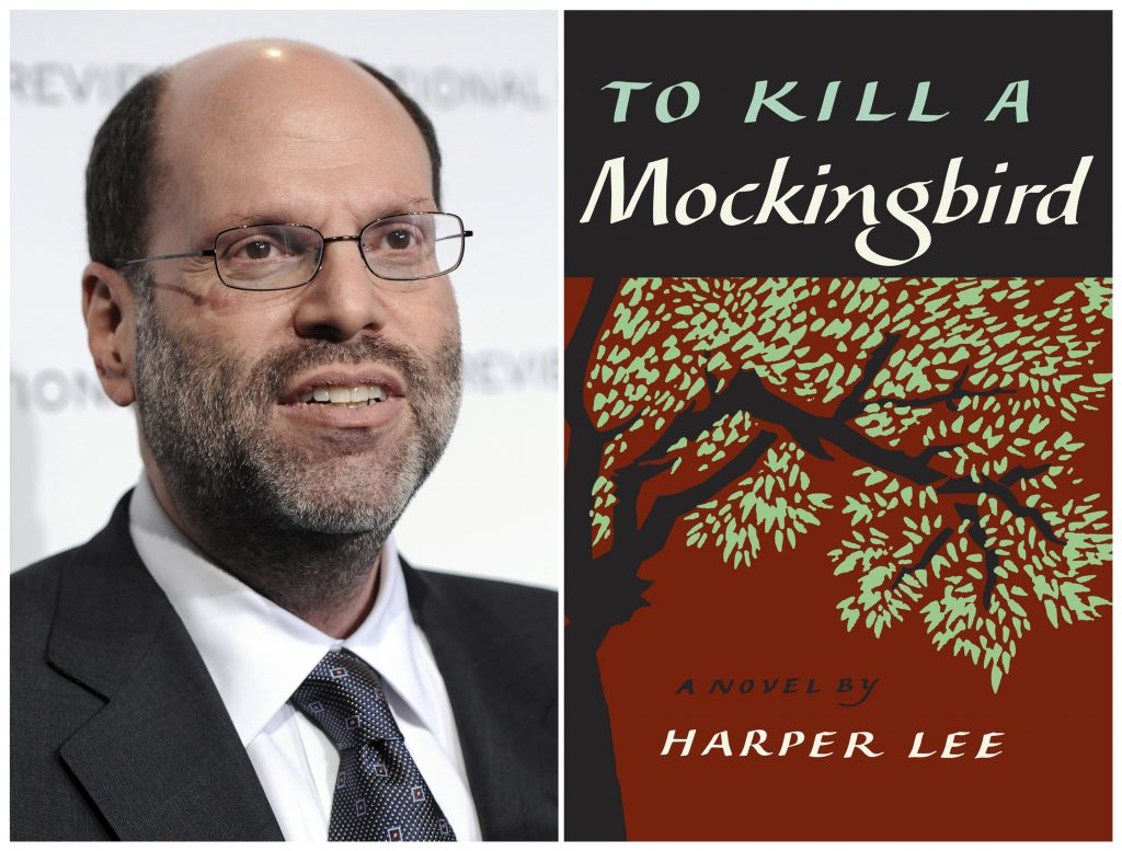 This combination photo shows Hollywood and Broadway producer Scott Rudin at The National Board of Review Motion Pictures awards gala in New York on Jan. 11, 2011, (left), and the cover of Harper Lee's 