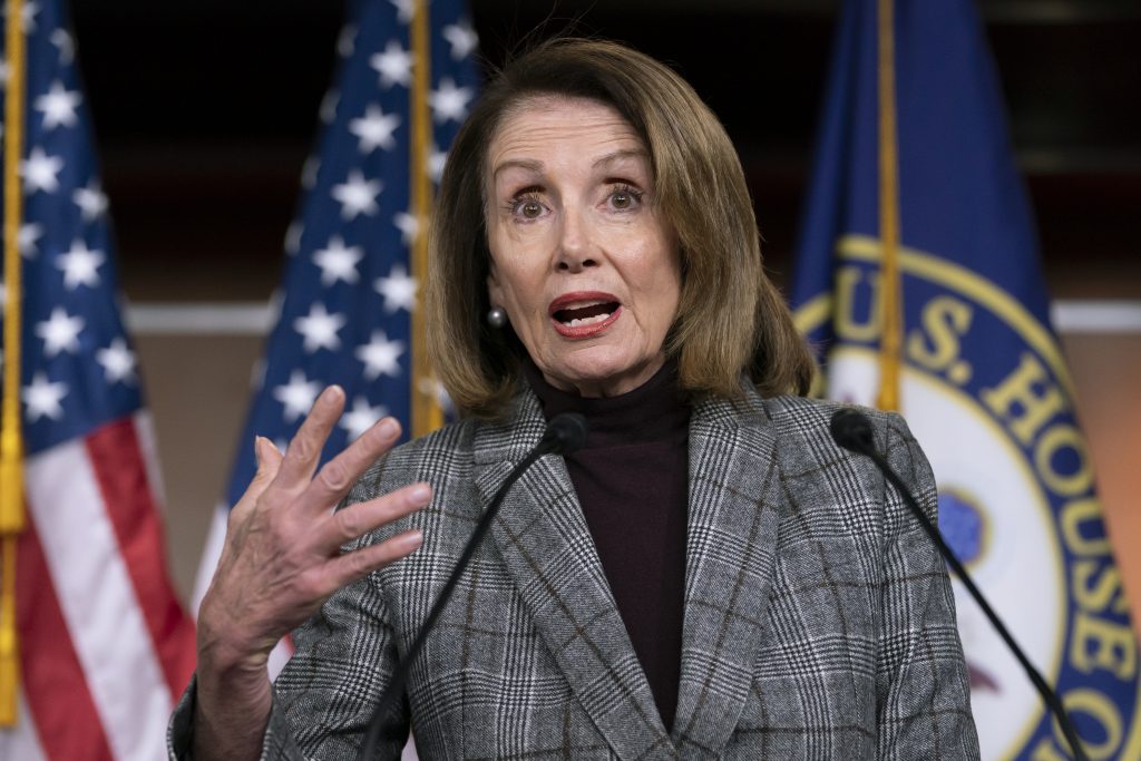 Nancy Pelosi Speaker of the House Nancy Pelosi, D-Calif., meets with reporters just after the Democratic-controlled House approved a measure requiring federal background checks for all firearms sales and transfers, the first major gun control legislation considered by Congress in nearly 25 years, on Capitol Hill in Washington, Thursday, Feb. 28, 2019. (J. Scott Applewhite/AP Photo)