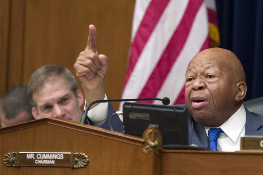 Elijah Cummings, Jim Jordan In this Wednesday, Feb. 27, 2019 file photo, House Oversight and Reform Committee Chair Elijah Cummings, D-Md., right, speaks as he gives closing remarks with Rep. Jim Jordan, R-Ohio, the ranking member, at left, as the hearing for Michael Cohen, President Donald Trump's former lawyer, at the House Oversight and Reform Committee concludes, on Capitol Hill, in Washington. (Alex Brandon/AP Photo, File)
