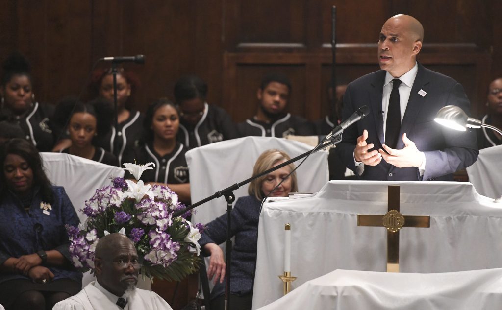 Election 2020 Selma U.S. Sen. Cory Booker, D-N.J., speaks during a commemorative service Sunday, March 3, 2019, at Brown Chapel AME Church in Selma, Ala. Several Democratic White House hopefuls are visiting one of America's seminal civil rights sites to pay homage to that legacy and highlight their own connections to the movement. (Julie Bennett/AP Photo)