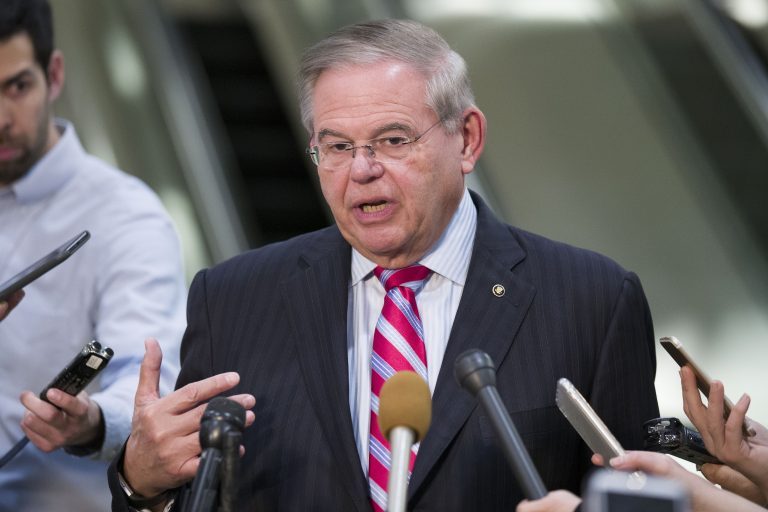 Sen. Bob Menendez speaks at a podium.