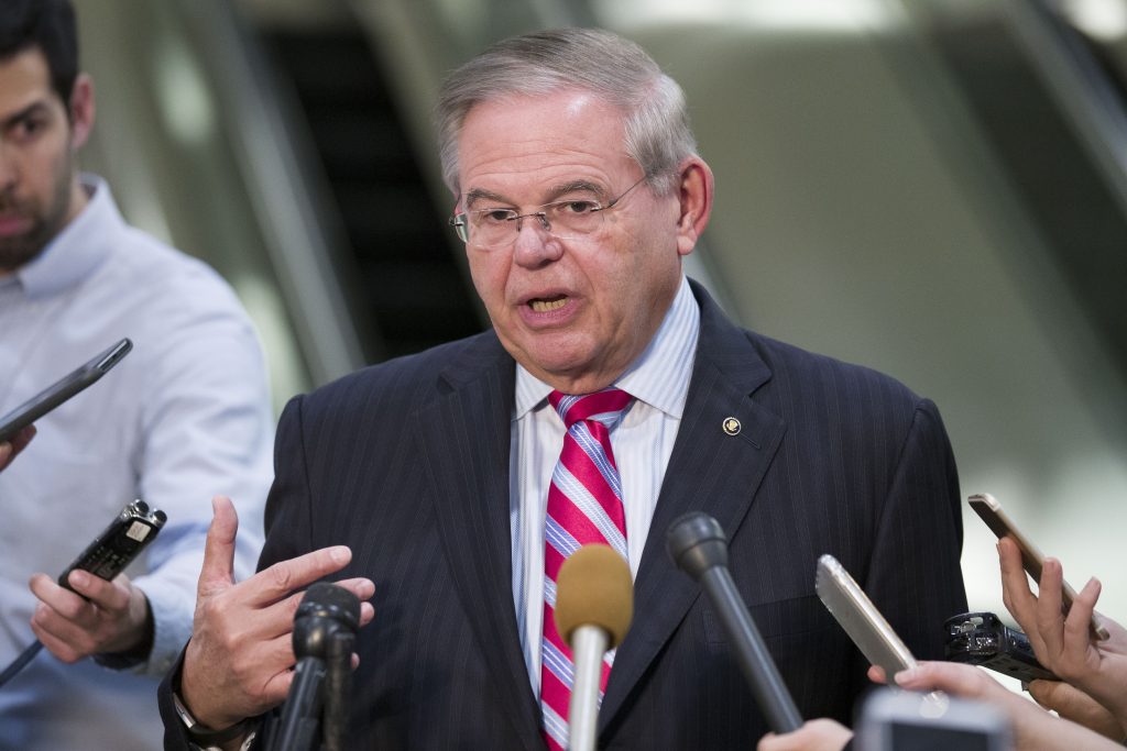 Bob Menendez Sen. Menendez speaks at a podium.
