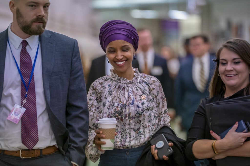 Ilhan Omar Rep. Ilhan Omar, D-Minn., walks through an underground tunnel at the Capitol as top House Democrats plan to offer a measure that condemns anti-Semitism in the wake of controversial remarks by the freshman congresswoman, in Washington, Wednesday, March 6, 2019. (J. Scott Applewhite/AP Photo)