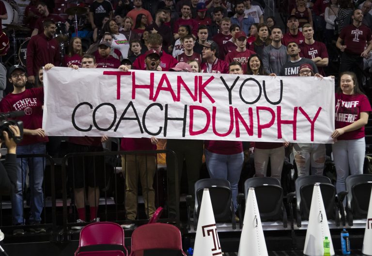 Fans with a sign for Temple's head coach Fran Dunphy prior to the first half of an NCAA college basketball game against Central Florida, Saturday, March 9, 2019, in Philadelphia. (Chris Szagola/AP Photo)