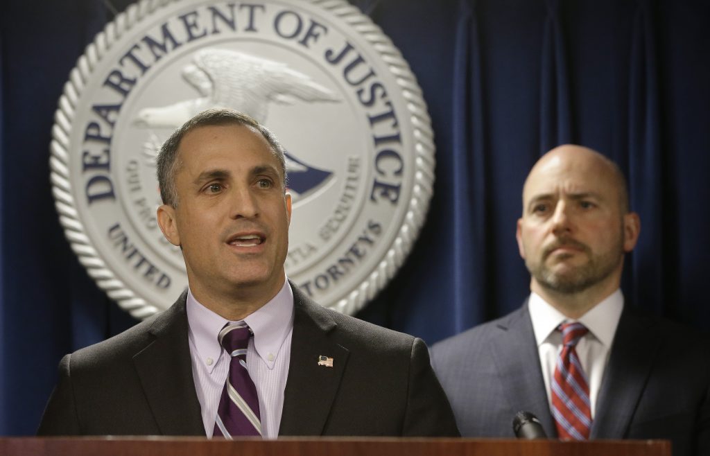 Joseph Bonavolonta, Andrew Lelling FBI Special Agent in Charge Boston Division Joseph Bonavolonta, (left), and U.S. Attorney for District of Massachusetts Andrew Lelling, (right), face reporters as they announce indictments in a sweeping college admissions bribery scandal during a news conference, Tuesday, March 12, 2019, in Boston. (Steven Senne/AP Photo)