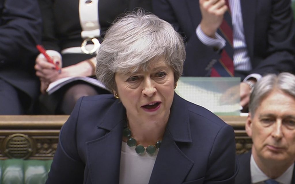 Britiain Brexit Britain's Prime Minister Theresa May speaks during Prime Minister's Questions inside the House of Commons in London, Wednesday March 13, 2019. (House of Commons/PA via AP)
